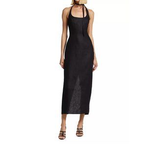 NWT Reformation Yana Smocked Linen Halter Midi Dress Black Size 6 $248